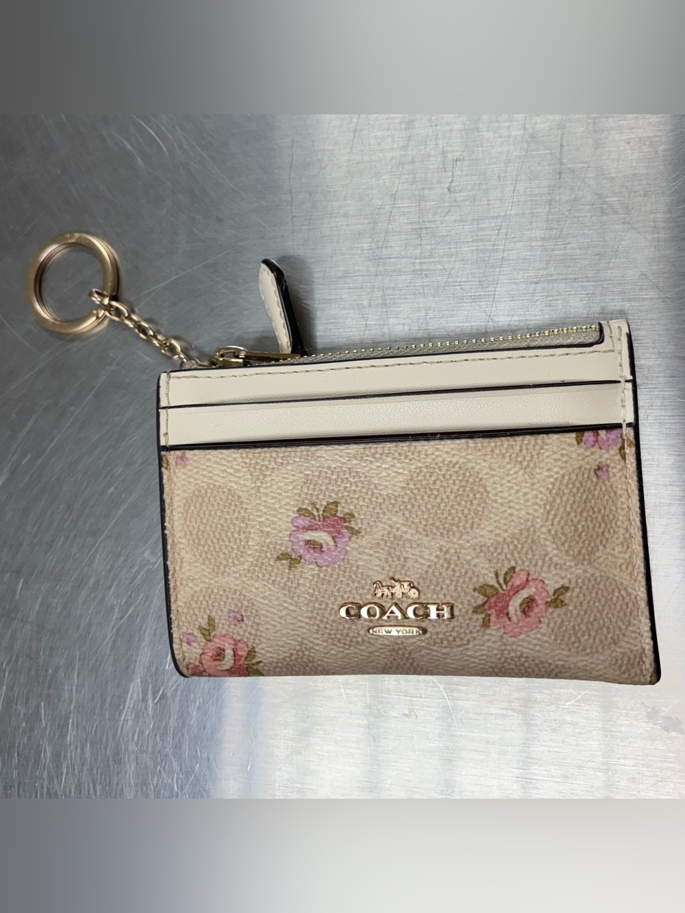 Coach Floral Signature Canvas Zip Card Case Wallet Keychain Pink